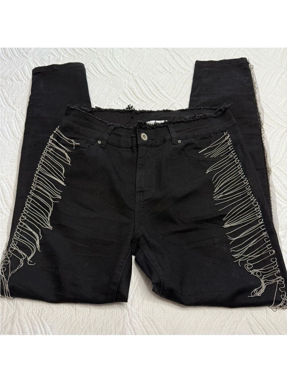 Q2 Premium Denim Black Sliver Fringe Stretch Denim Jeans. Size L